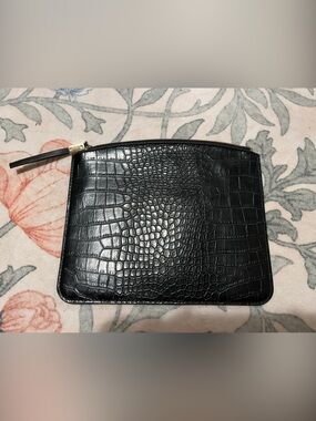 Nine West Black Croc-Embossed Leather Zip Pouch